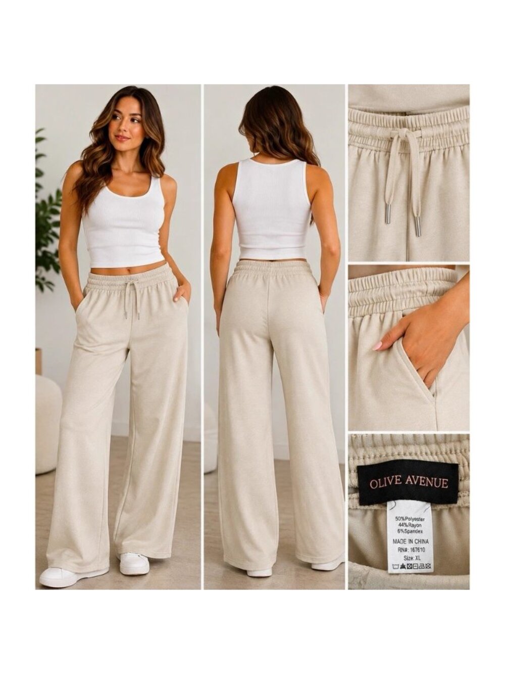 Olive Avenue Beige Wide-Leg Lounge Pants Pockets Stretch Drawstring Size XL NWT